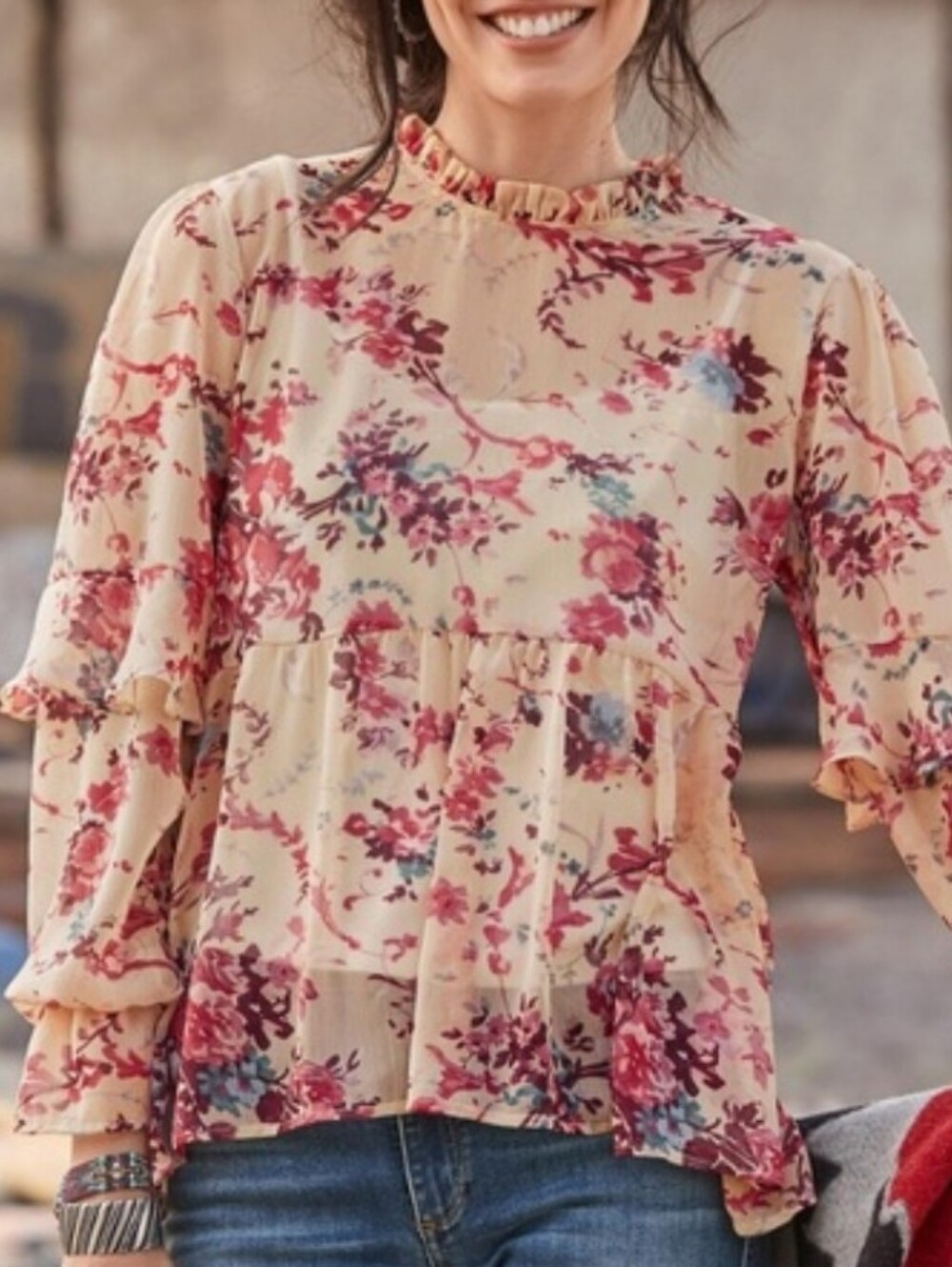 Sundance Cream Floral Ruffle Blouse Size XXL